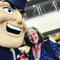 Photo of Mrs. Kramer with Pat the Patriot. Includes a link to email Mrs. Kramer