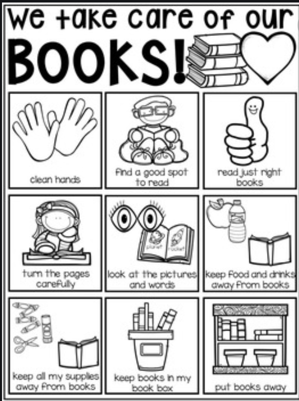 Picture describing book care keep away from pets, clean hands, gentle with pages please